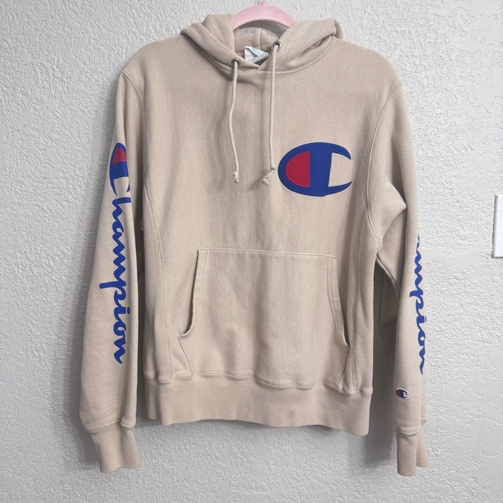 Champion Reverse Weave Beige Hoodie Small – Big C Logo, Script Sleeve